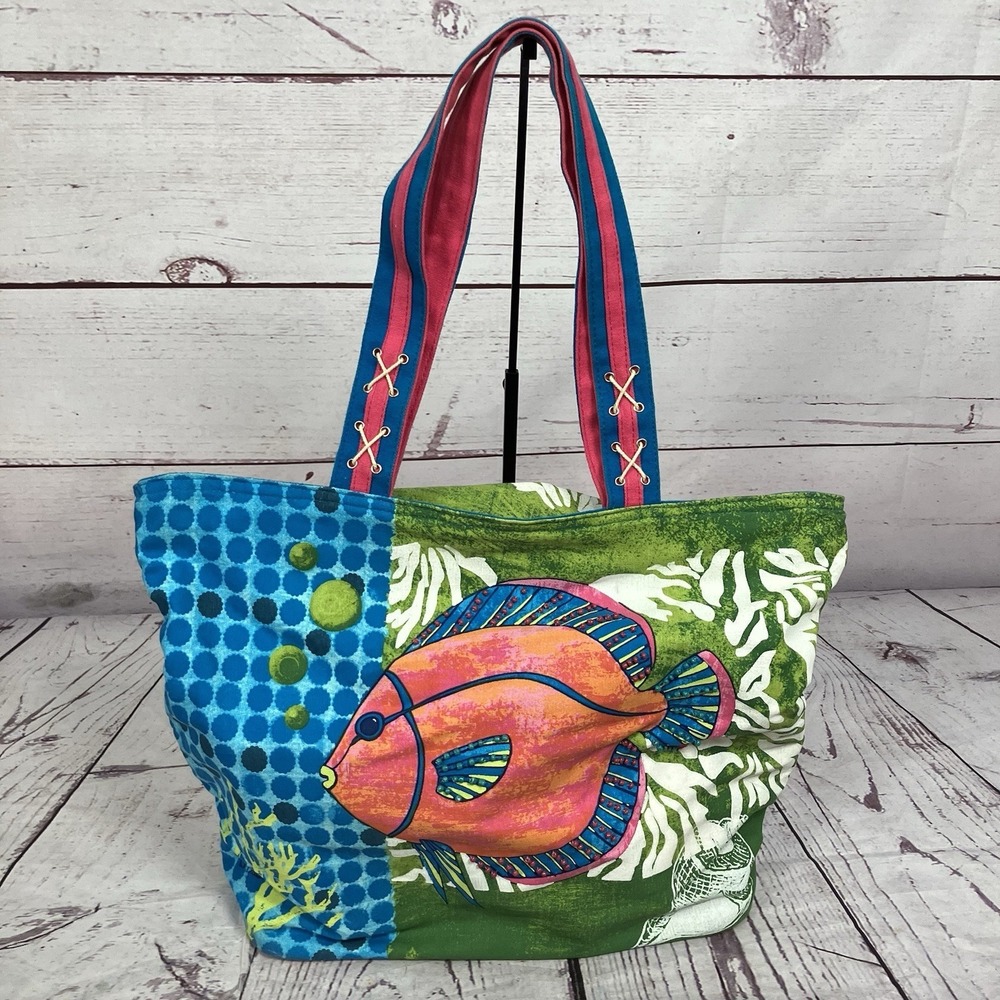 Paul Brent Fish Print Tote Bag Womens Tropical Beach Canvas Colorful Large